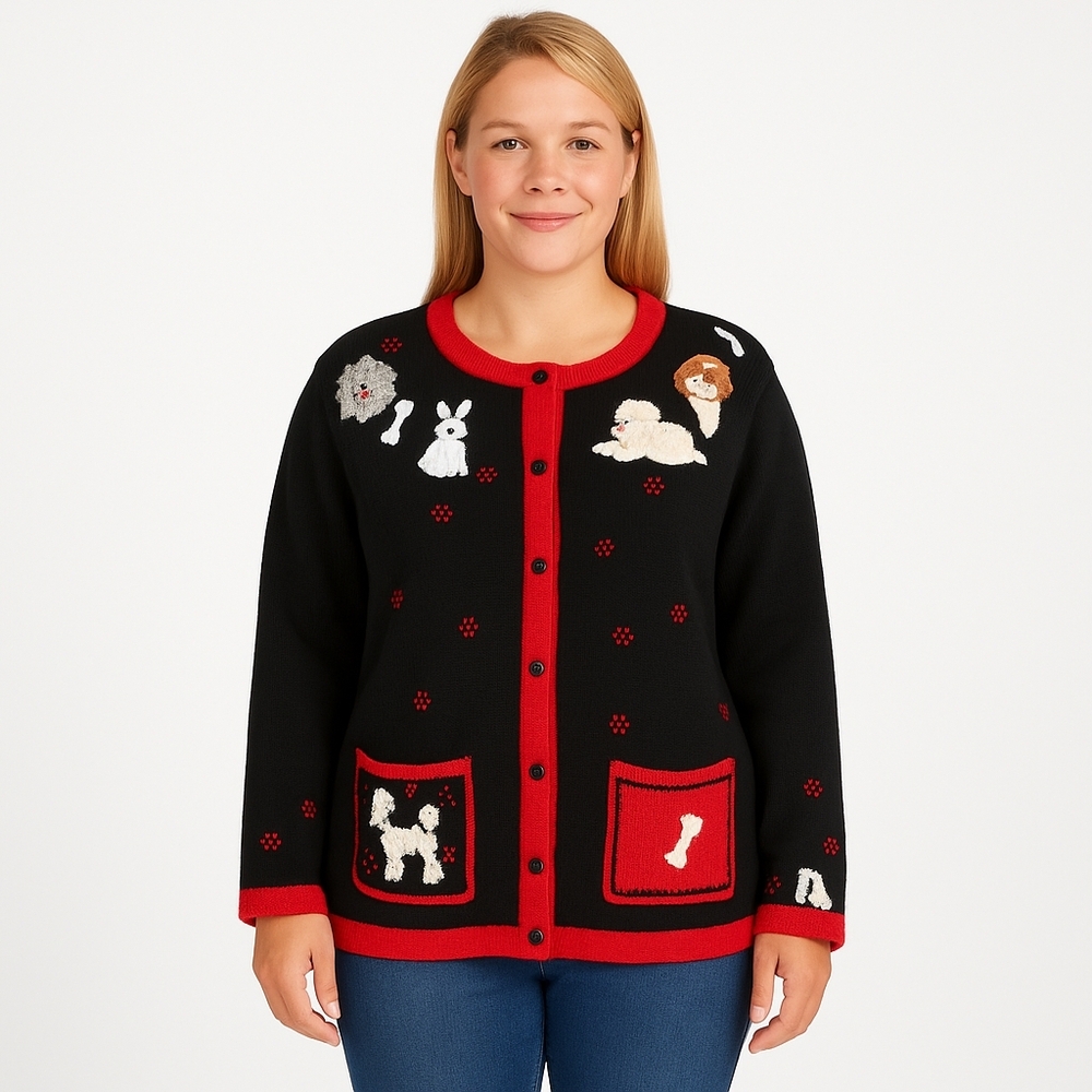 Quacker Factory Vintage Dog Lovers Cardigan Sweater Poodle Shih Tzu Pit Bull Ter